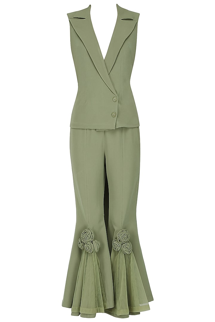 Olive Green Appliqued Pants with Blazer by Eshaani Jayaswal