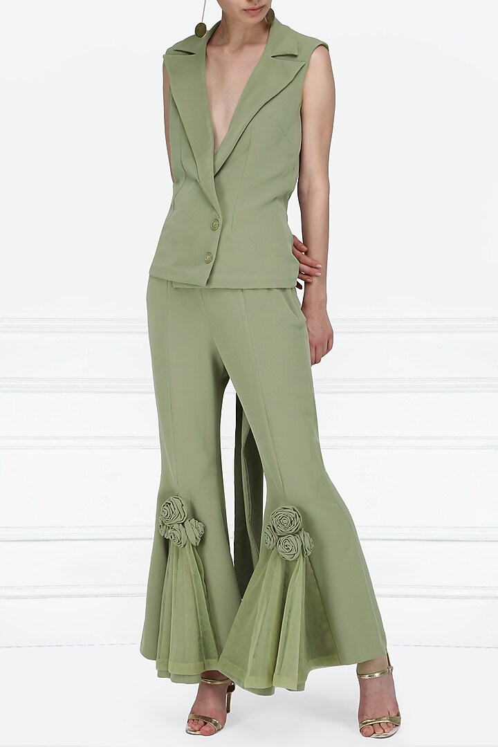 Olive green appliqued pants with blazer available only at Pernia's Pop Up Shop.