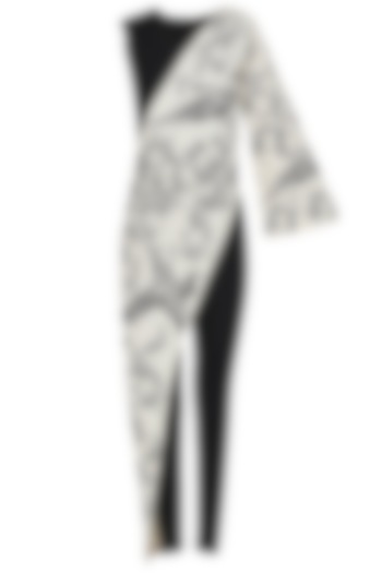 Black and White Oriental Bird Print Embroidered Jumpsuit by Eshaani Jayaswal