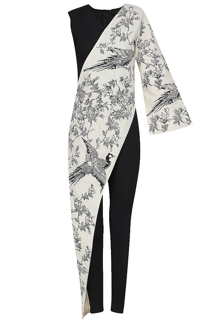 Black and White Oriental Bird Print Embroidered Jumpsuit by Eshaani Jayaswal