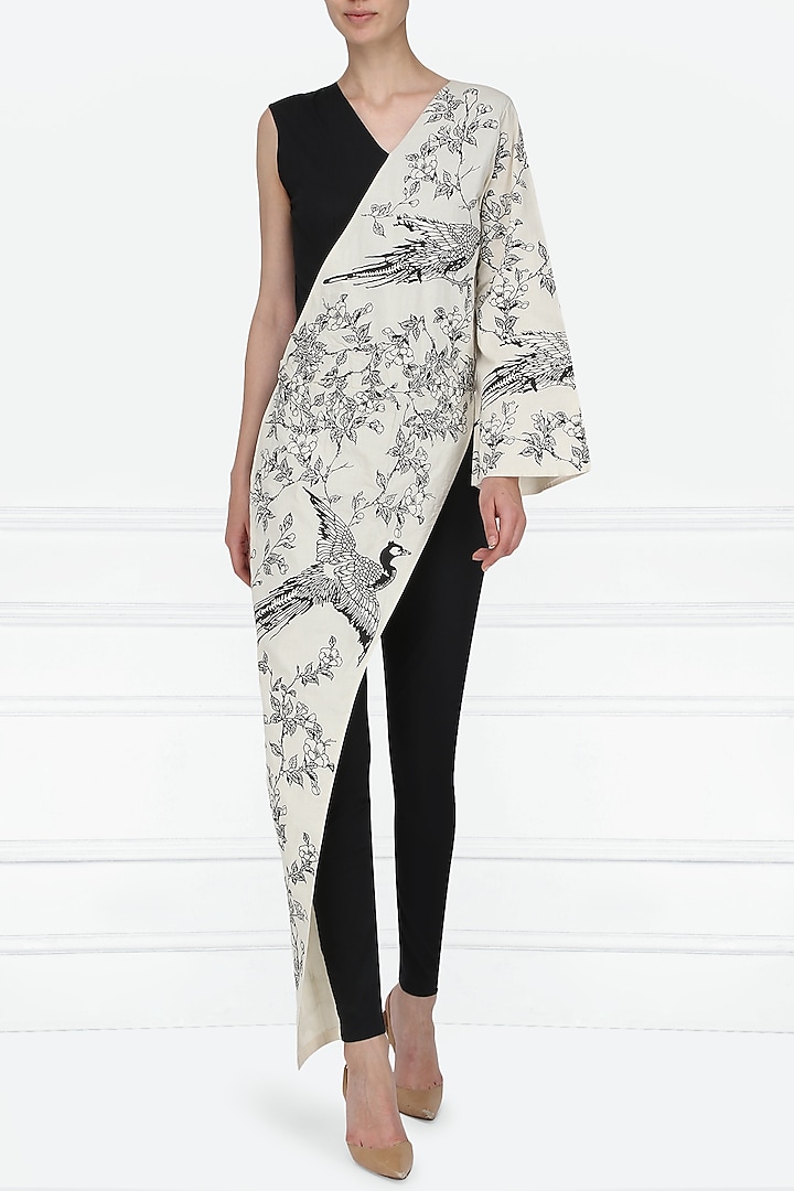 Black and white oriental bird print embroidered jumpsuit available only at Pernia's Pop Up Shop.