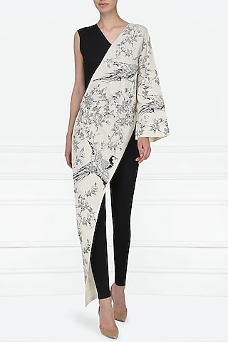 Black and White Oriental Bird Print Embroidered Jumpsuit by Eshaani Jayaswal