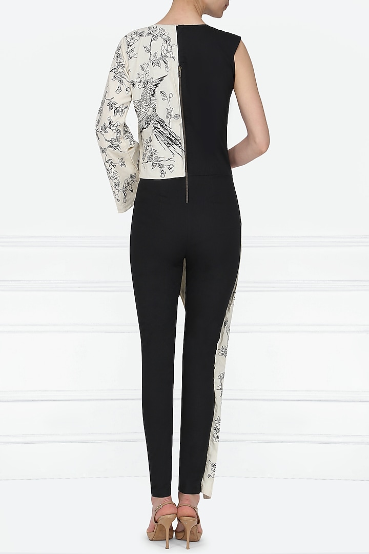 Black and white oriental bird print embroidered jumpsuit available only at Pernia's Pop Up Shop.