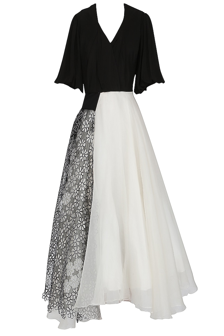 Black and White Asymmetrical Bouffant Gown by Eshaani Jayaswal