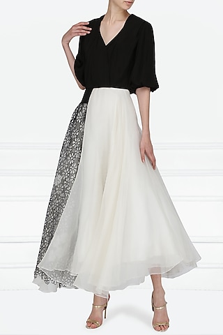 Black and White Asymmetrical Bouffant Gown by Eshaani Jayaswal
