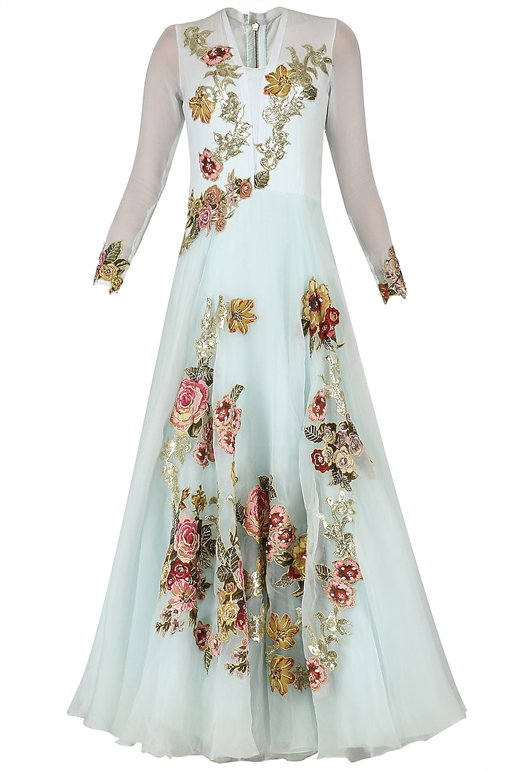 Aqua applique work bouffant gown available only at Pernia's Pop Up Shop.