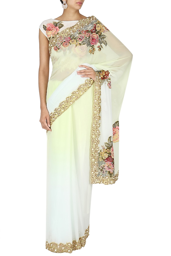 Aqua ombre applique work saree with blouse available only at Pernia's Pop Up Shop.
