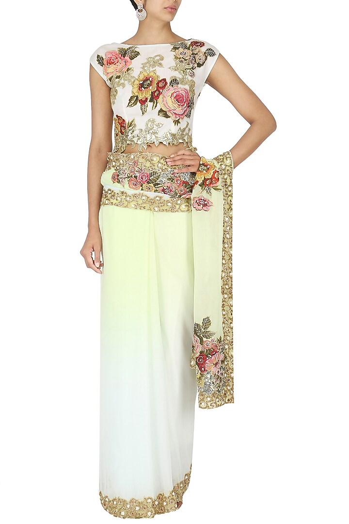 Aqua ombre applique work saree with blouse available only at Pernia's Pop Up Shop.