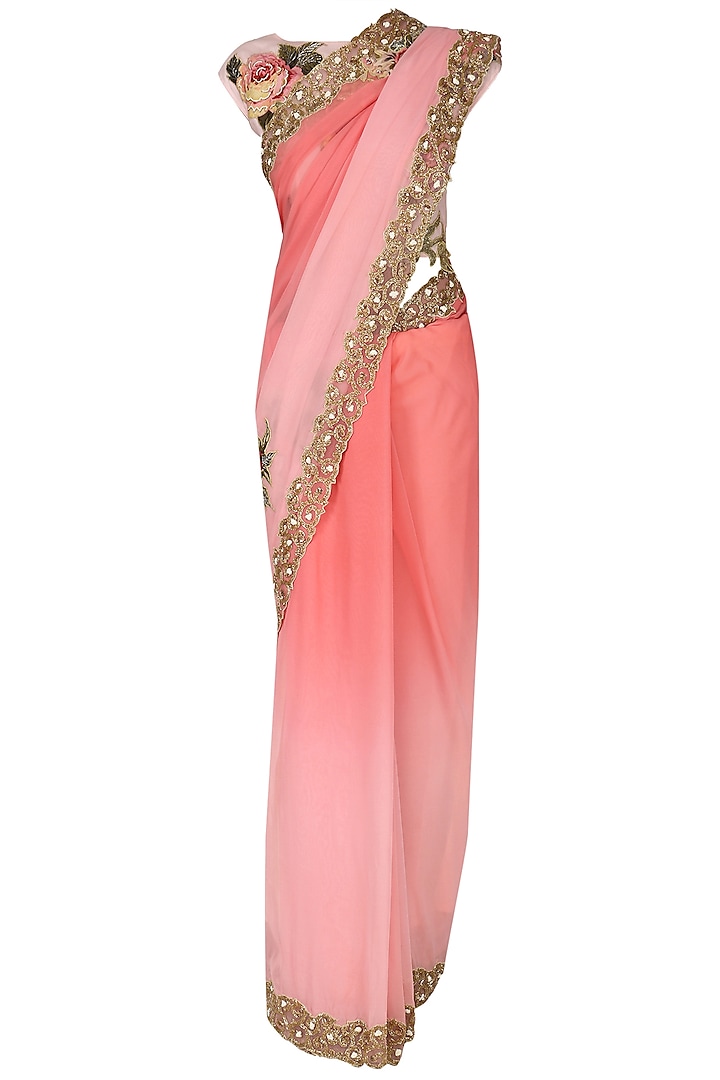 Pink Ombre Applique Work Saree with Blouse by Eshaani Jayaswal