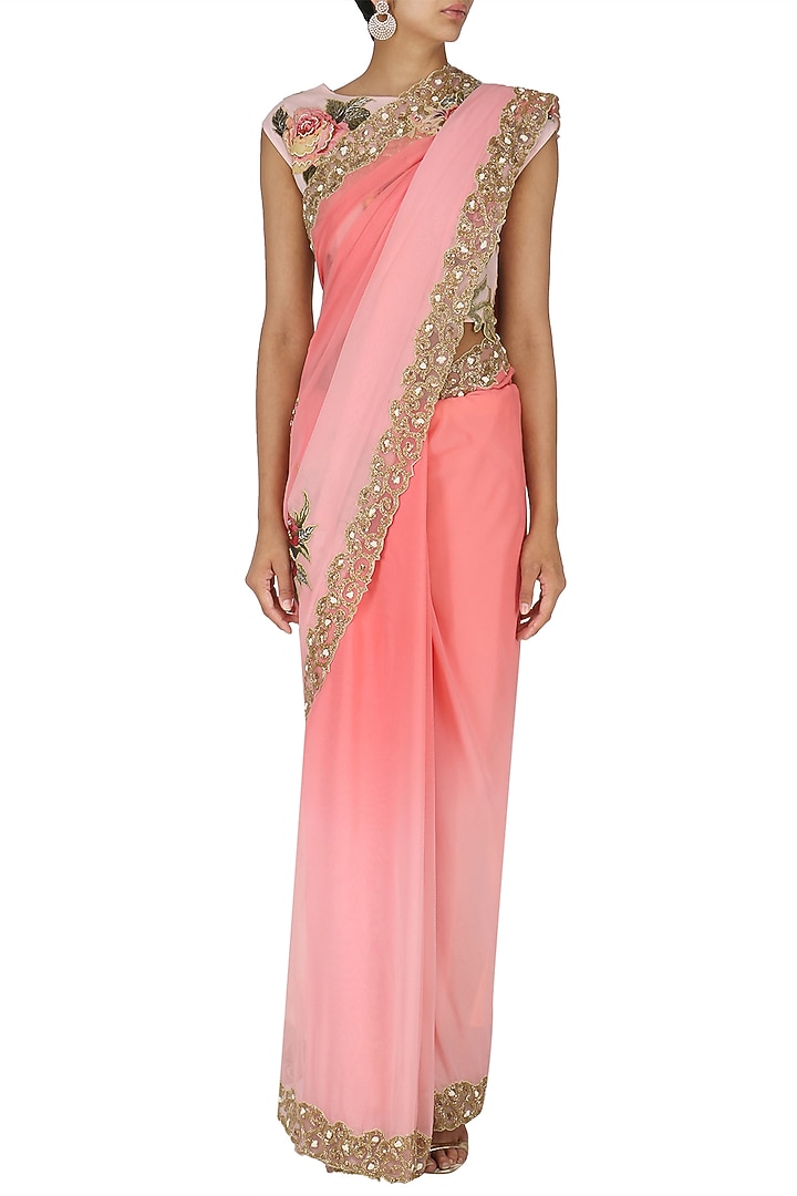 Pink ombre applique work saree with blouse available only at Pernia's Pop Up Shop.