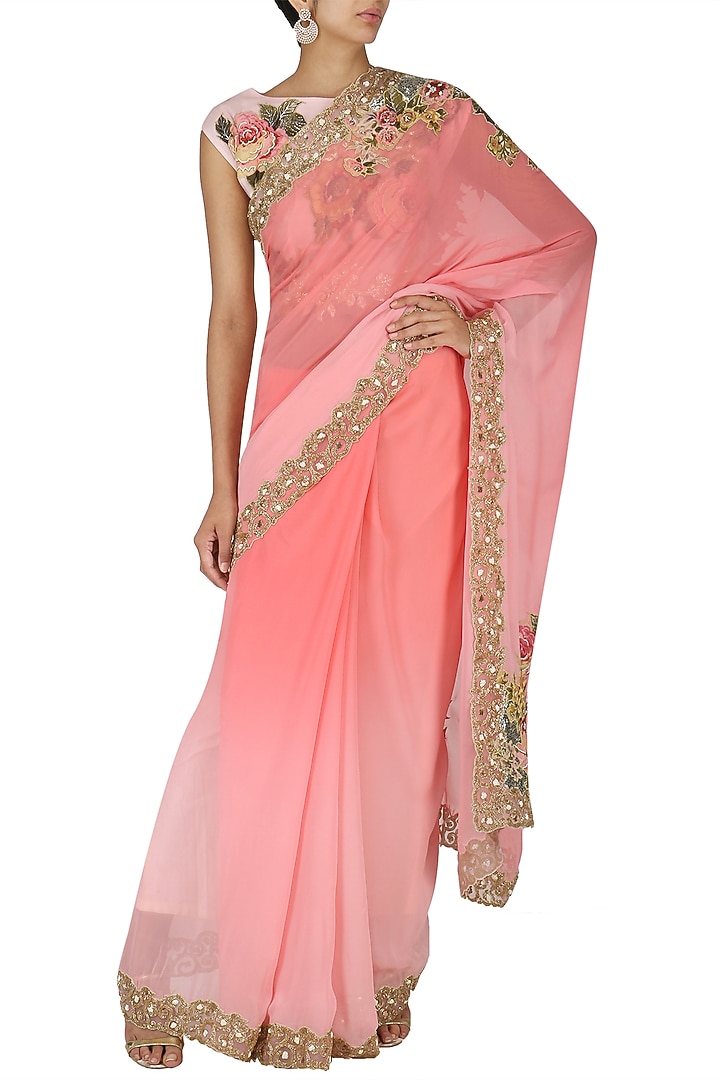 Pink ombre applique work saree with blouse available only at Pernia's Pop Up Shop.