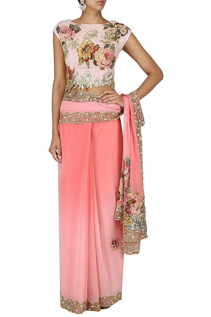 Pink ombre applique work saree with blouse available only at Pernia's Pop Up Shop.