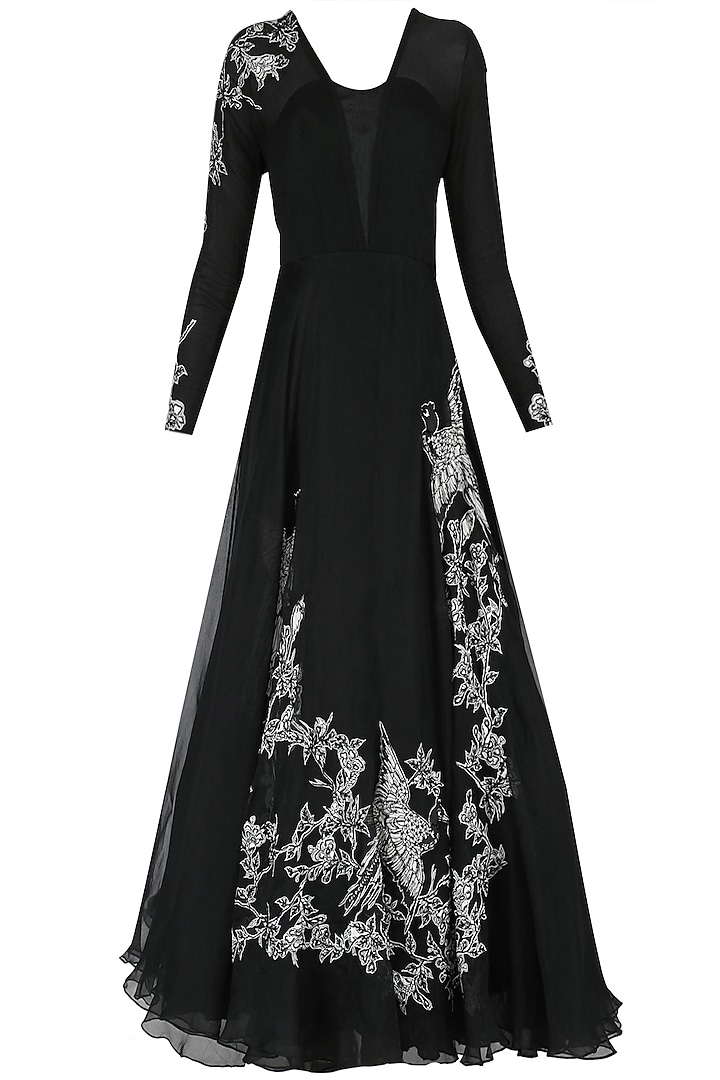 Black Embroidered Oriental Bird Print Gown by Eshaani Jayaswal