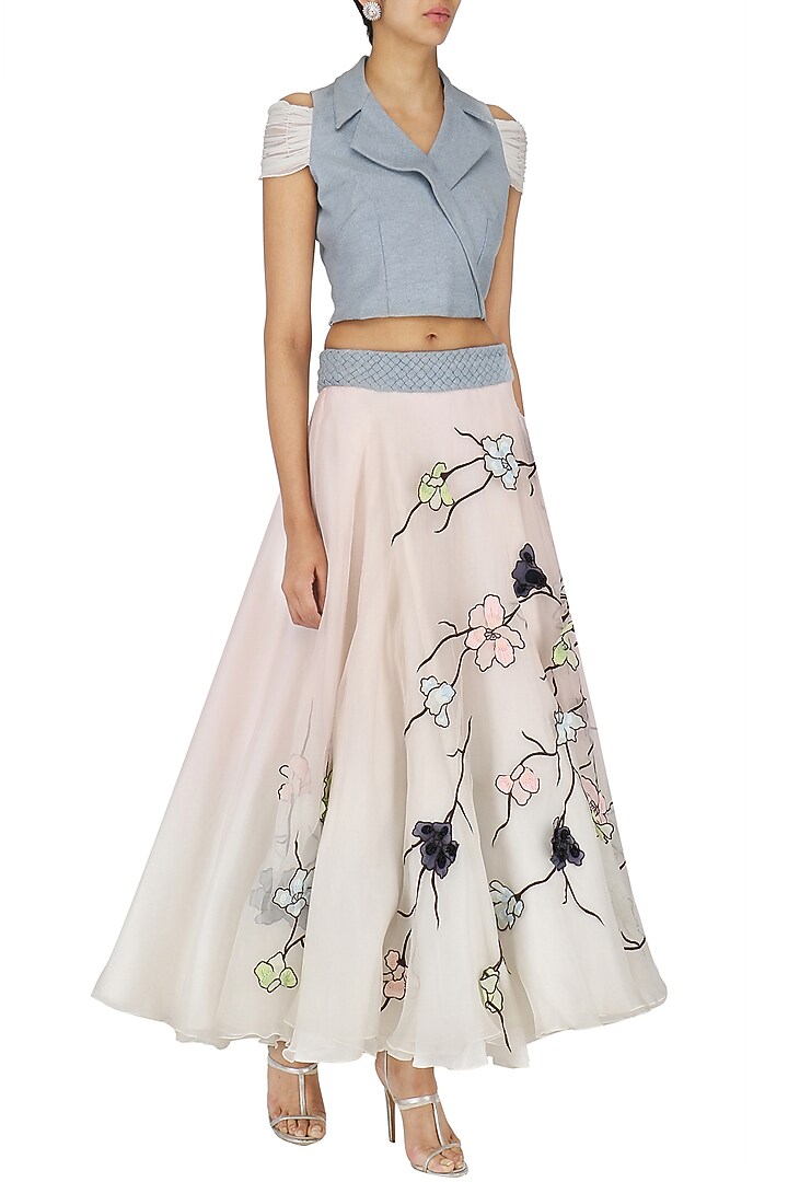 White applique work skirt with denim crop top available only at Pernia's Pop Up Shop.
