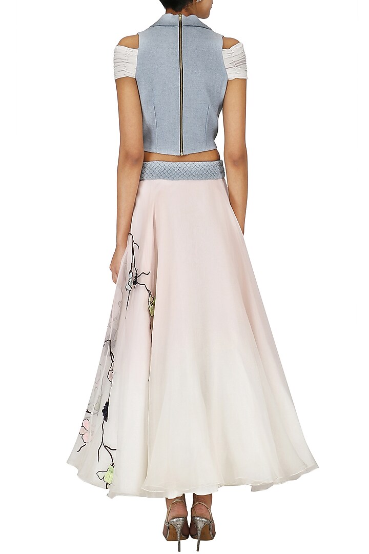 White applique work skirt with denim crop top available only at Pernia's Pop Up Shop.