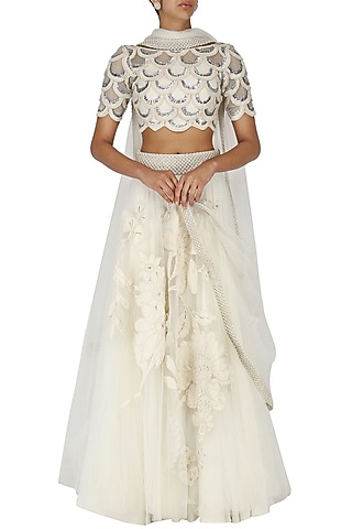 Off White Embroidered Lehenga Set by Eshaani Jayaswal