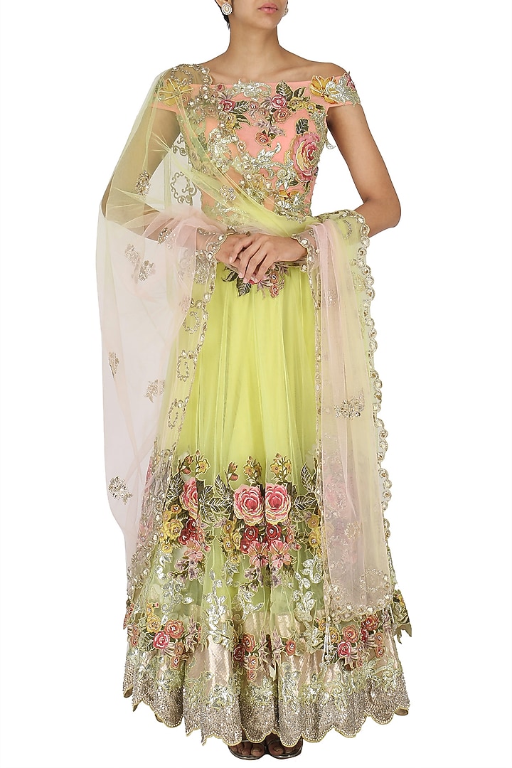 Lime green and salmon pink embroidered lehenga set available only at Pernia's Pop Up Shop.