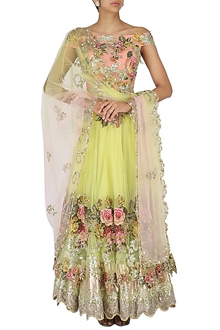 Lime Green and Salmon Pink Embroidered Lehenga Set by Eshaani Jayaswal