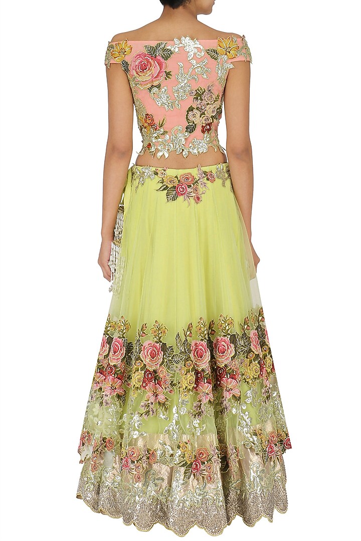 Lime green and salmon pink embroidered lehenga set available only at Pernia's Pop Up Shop.