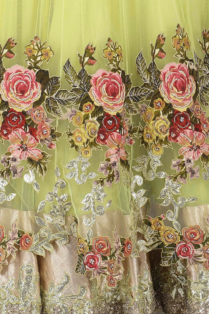Lime green and salmon pink embroidered lehenga set available only at Pernia's Pop Up Shop.