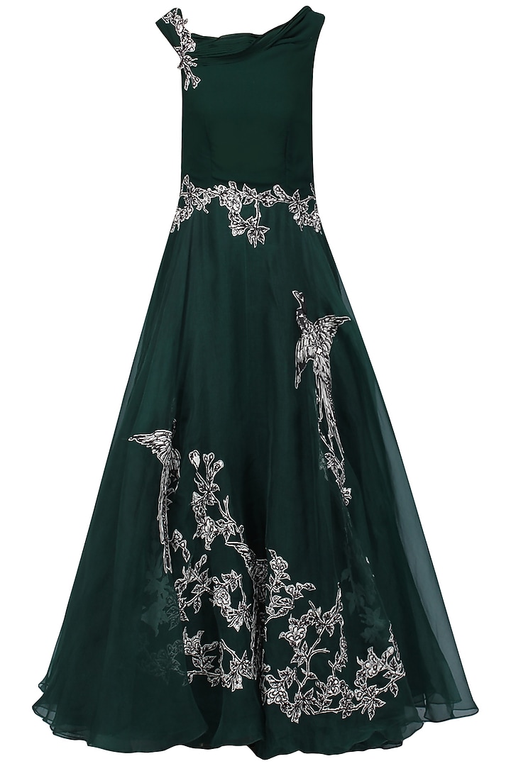 Bottle green oriental bird print gown available only at Pernia's Pop Up Shop.