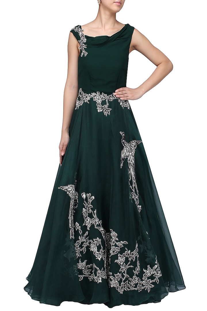 Bottle green oriental bird print gown available only at Pernia's Pop Up  Shop. 2026