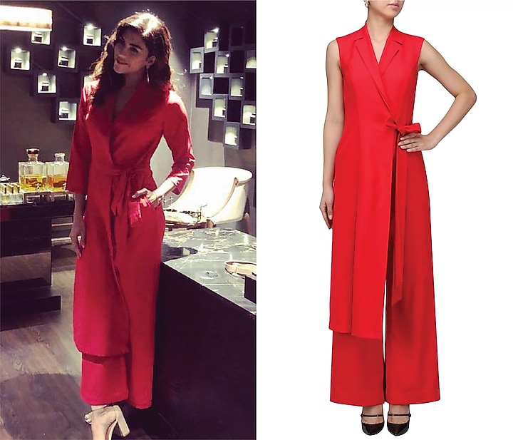 Red draped jumpsuit available only at Pernia's Pop Up Shop.