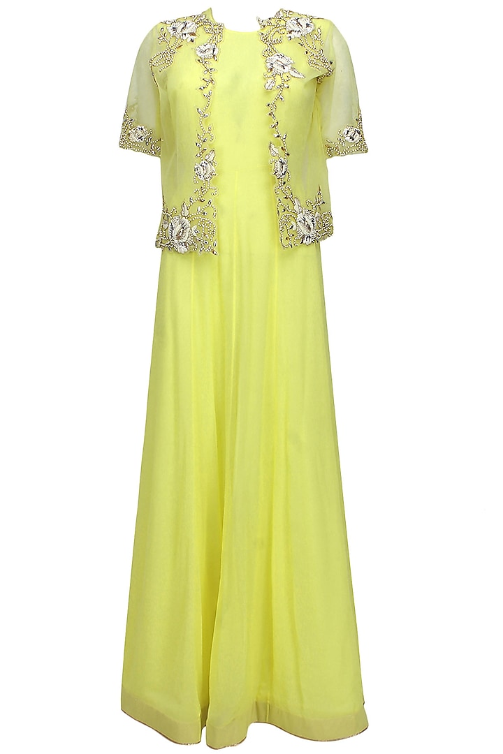 Yellow floral pearls and sequins embroidered cape anarkali set by Eshaani Jayaswal