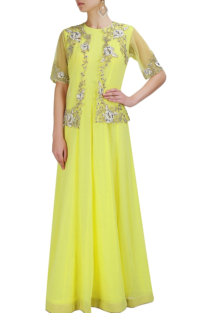 Yellow floral pearls and sequins embroidered cape anarkali set available only at Pernia's Pop Up Shop.
