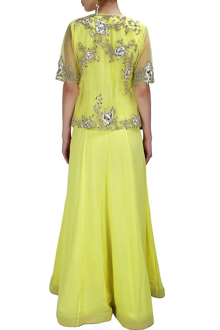 Yellow floral pearls and sequins embroidered cape anarkali set available only at Pernia's Pop Up Shop.