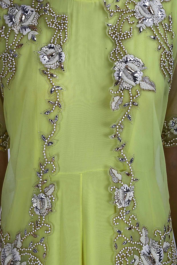 Yellow floral pearls and sequins embroidered cape anarkali set available only at Pernia's Pop Up Shop.