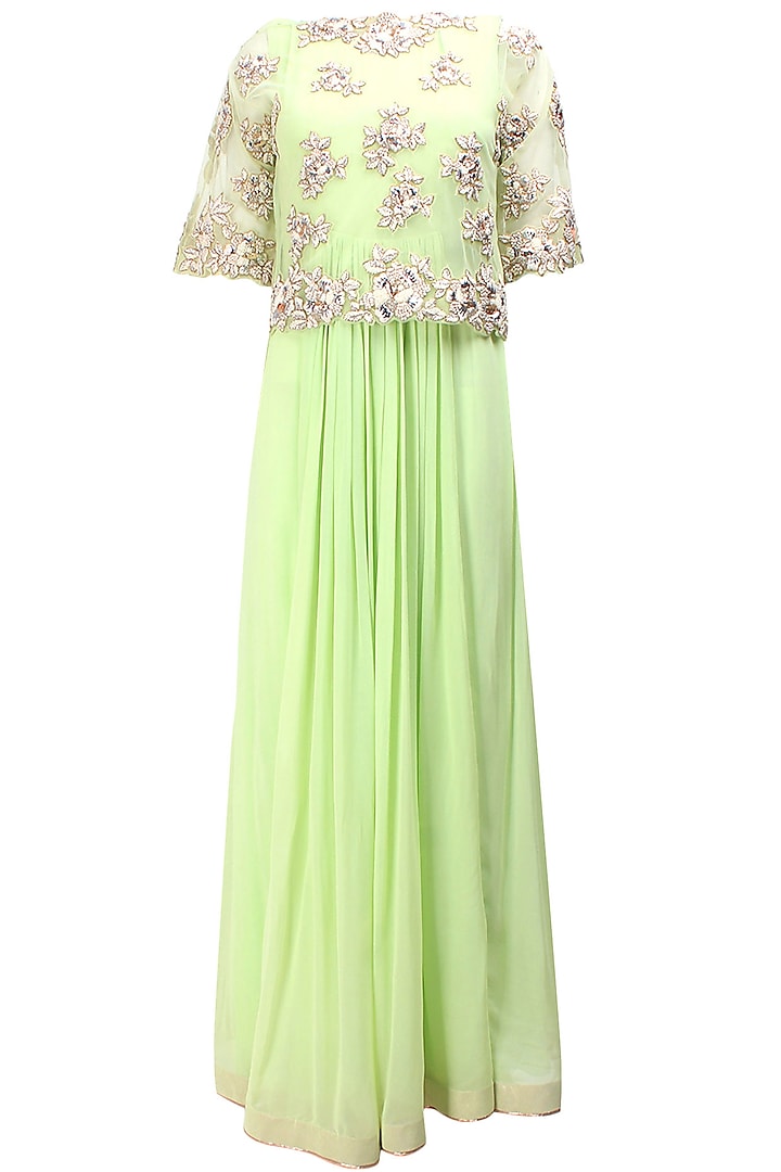 English mint floral pearls and sequins embroidered cape anarkali set by Eshaani Jayaswal