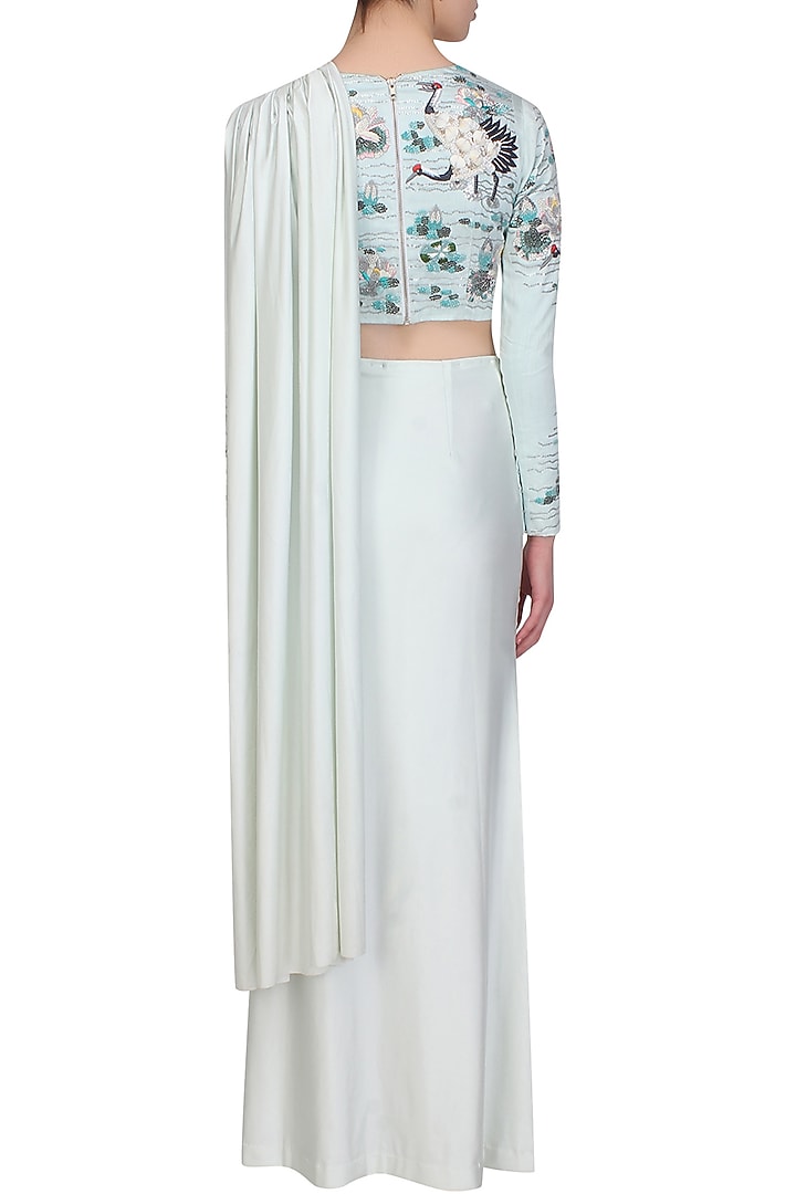 Aqua pleated lycra saree with birds embroidered blouse available only at Pernia's Pop Up Shop.