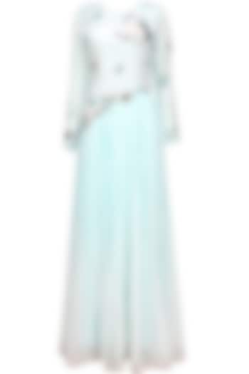 Aqua oriental thread and shells embroidered bird motifs maxi dress available only at Pernia's Pop Up Shop.