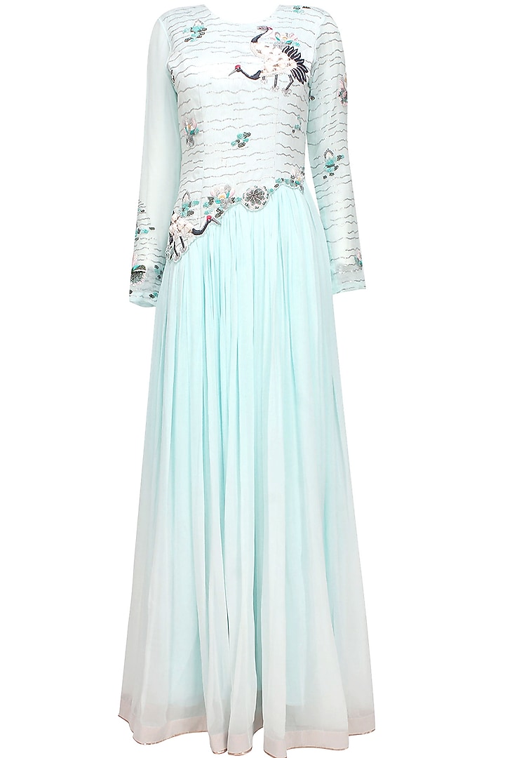 Aqua oriental thread and shells embroidered bird motifs maxi dress available only at Pernia's Pop Up Shop.
