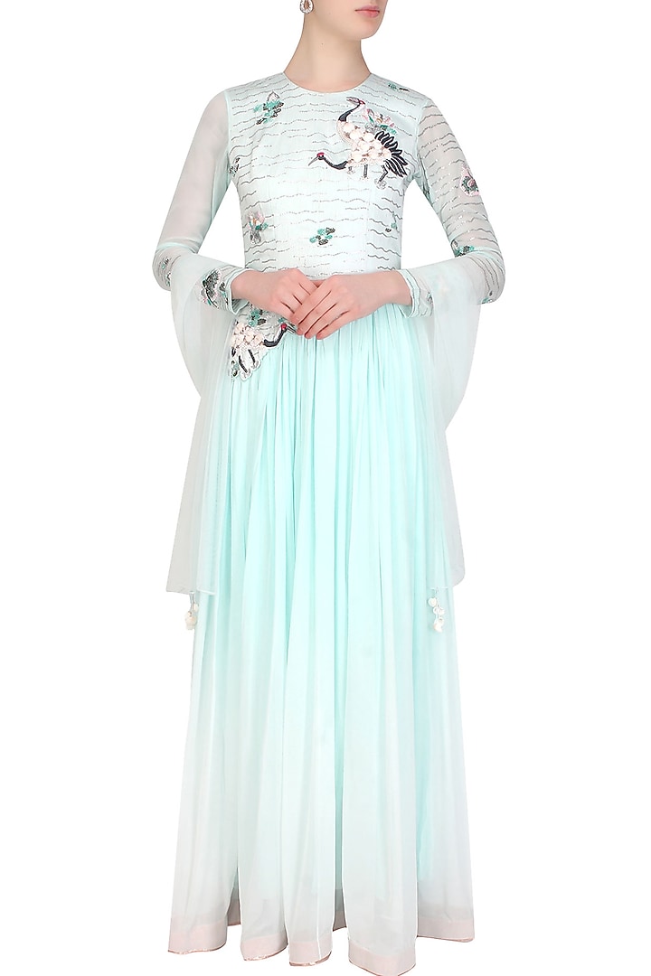 Aqua oriental thread and shells embroidered bird motifs maxi dress available only at Pernia's Pop Up Shop.
