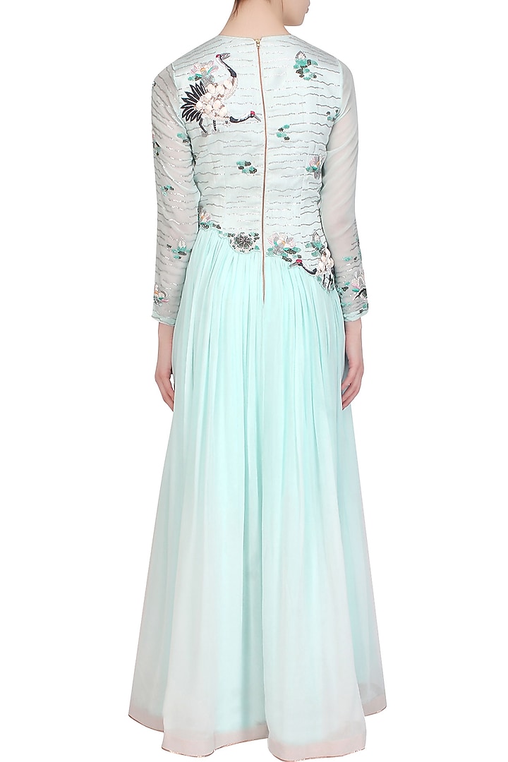 Aqua oriental thread and shells embroidered bird motifs maxi dress available only at Pernia's Pop Up Shop.