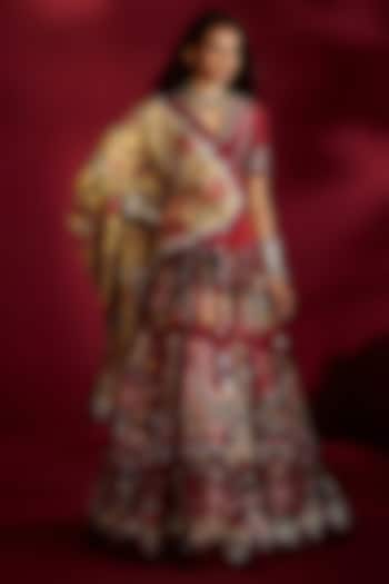 Maroon Silk Handpainted & Hand Embroidered Wedding Lehenga Set by Ekaari at Pernia's Pop Up Shop