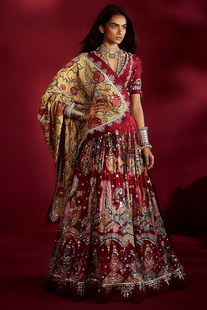 Maroon Silk Handpainted & Hand Embroidered Wedding Lehenga Set by Ekaari at Pernia's Pop Up Shop