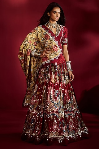 Maroon Silk Kalamkari Handpainted & Hand Embroidered Lehenga Set by Ekaari