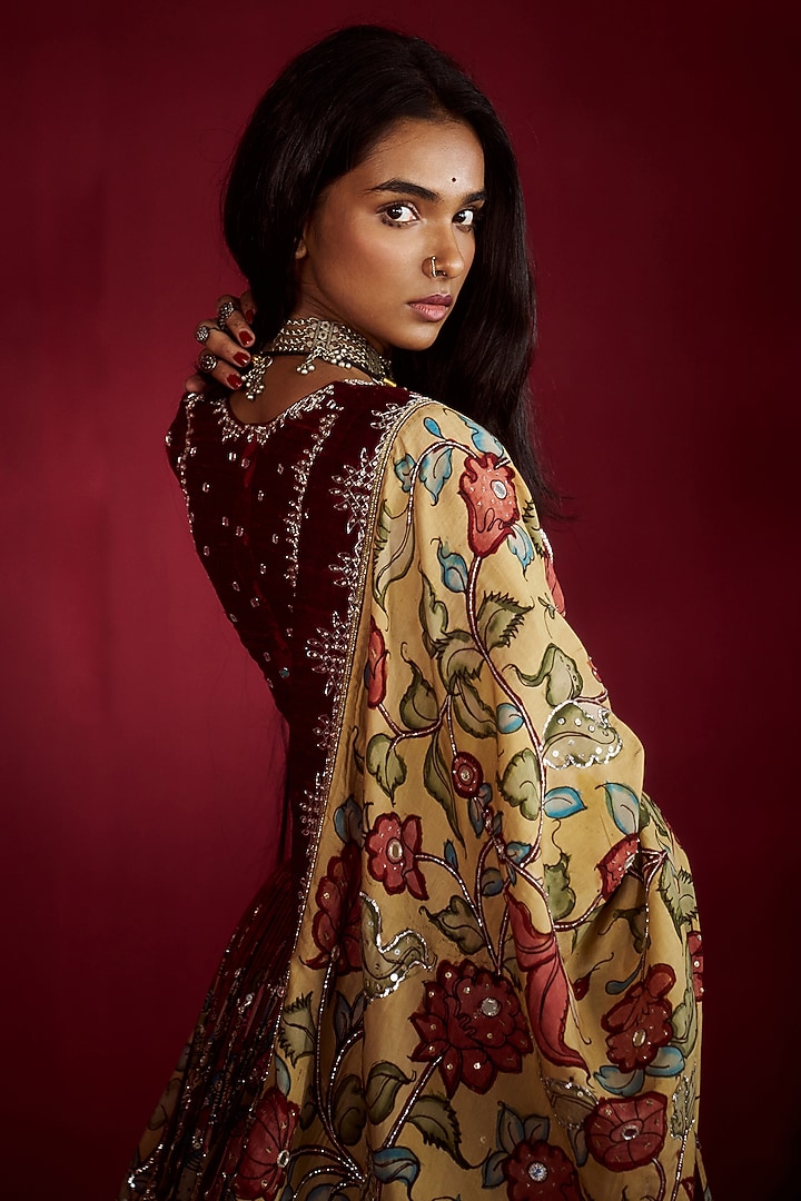 Maroon Silk Kalamkari Handpainted & Hand Embroidered Wedding Lehenga Set by Ekaari at Pernia's Pop Up Shop