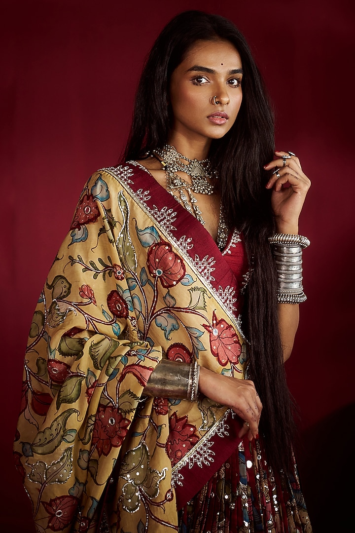 Maroon Silk Kalamkari Handpainted & Hand Embroidered Wedding Lehenga Set by Ekaari at Pernia's Pop Up Shop