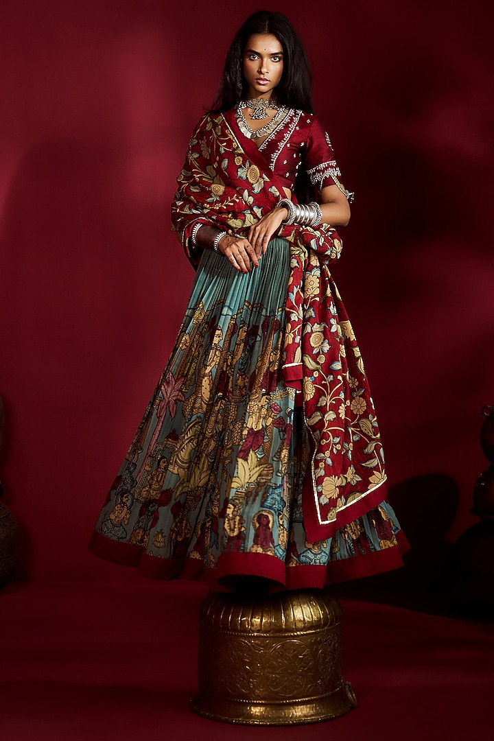 Blue Silk Hand Painted Wedding Lehenga Set by Ekaari at Pernia's Pop Up Shop