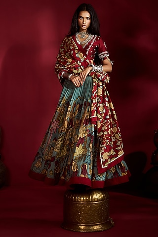Blue Silk Kalamkari Handpainted Lehenga Set by Ekaari