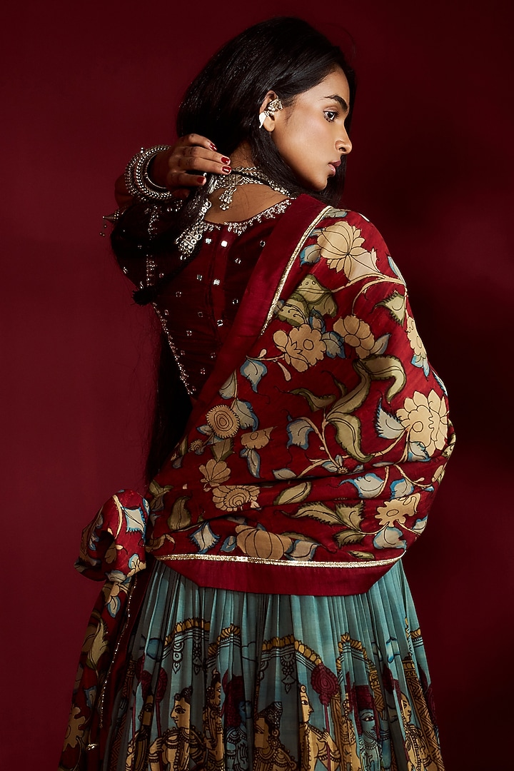 Blue Silk Kalamkari Handpainted Wedding Lehenga Set by Ekaari at Pernia's Pop Up Shop