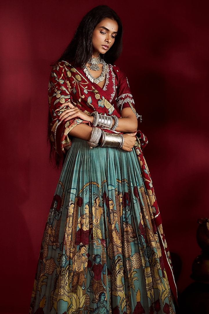 Blue Silk Kalamkari Handpainted Wedding Lehenga Set by Ekaari at Pernia's Pop Up Shop