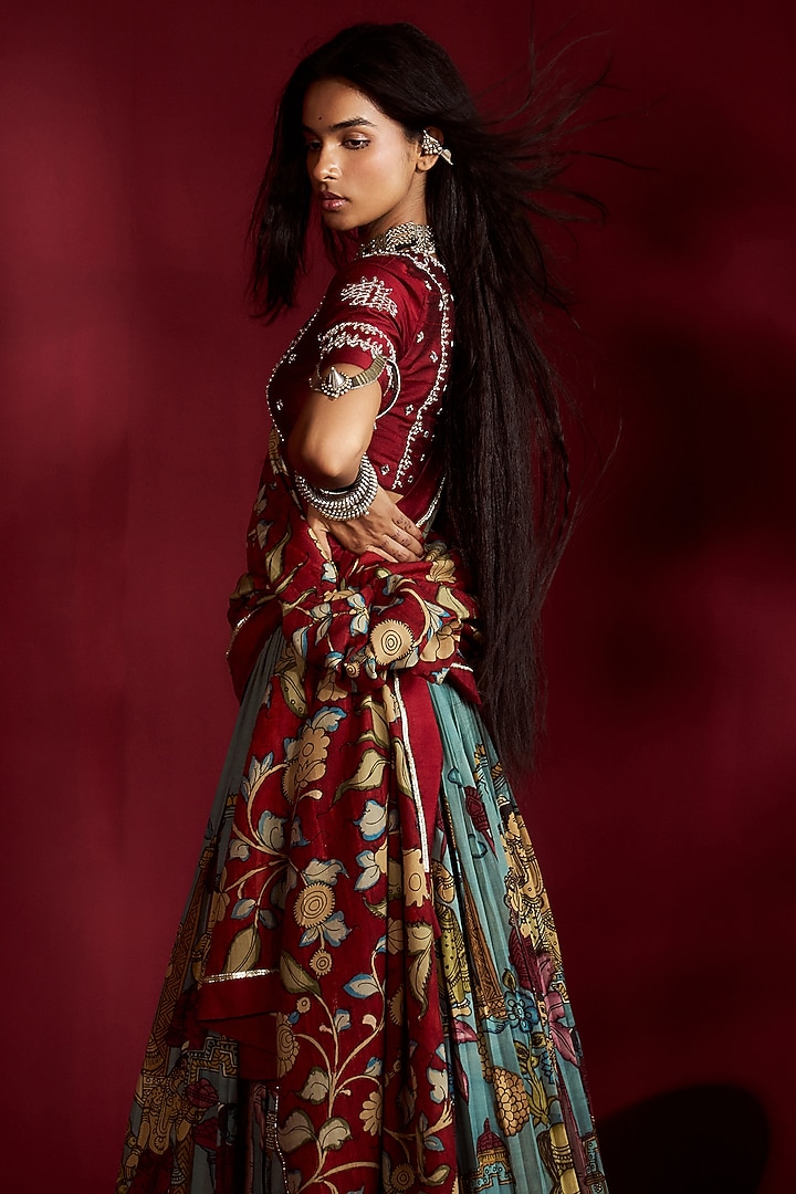 Blue Silk Kalamkari Handpainted Wedding Lehenga Set by Ekaari at Pernia's Pop Up Shop