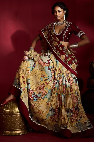 Yellow Silk Kalamkari Handpainted Lehenga Set by Ekaari