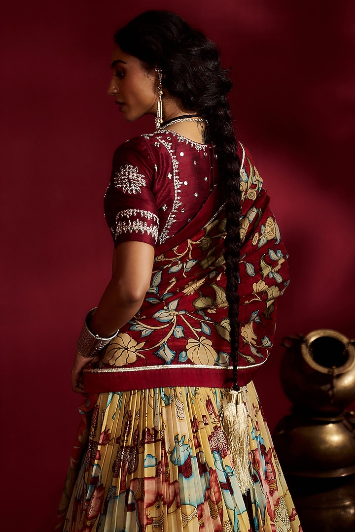 Yellow Silk Kalamkari Handpainted Wedding Lehenga Set by Ekaari at Pernia's Pop Up Shop
