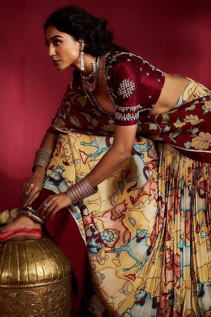Yellow Silk Kalamkari Handpainted Wedding Lehenga Set by Ekaari at Pernia's Pop Up Shop
